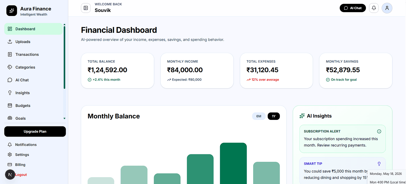 AI Finance Assistant dashboard screen